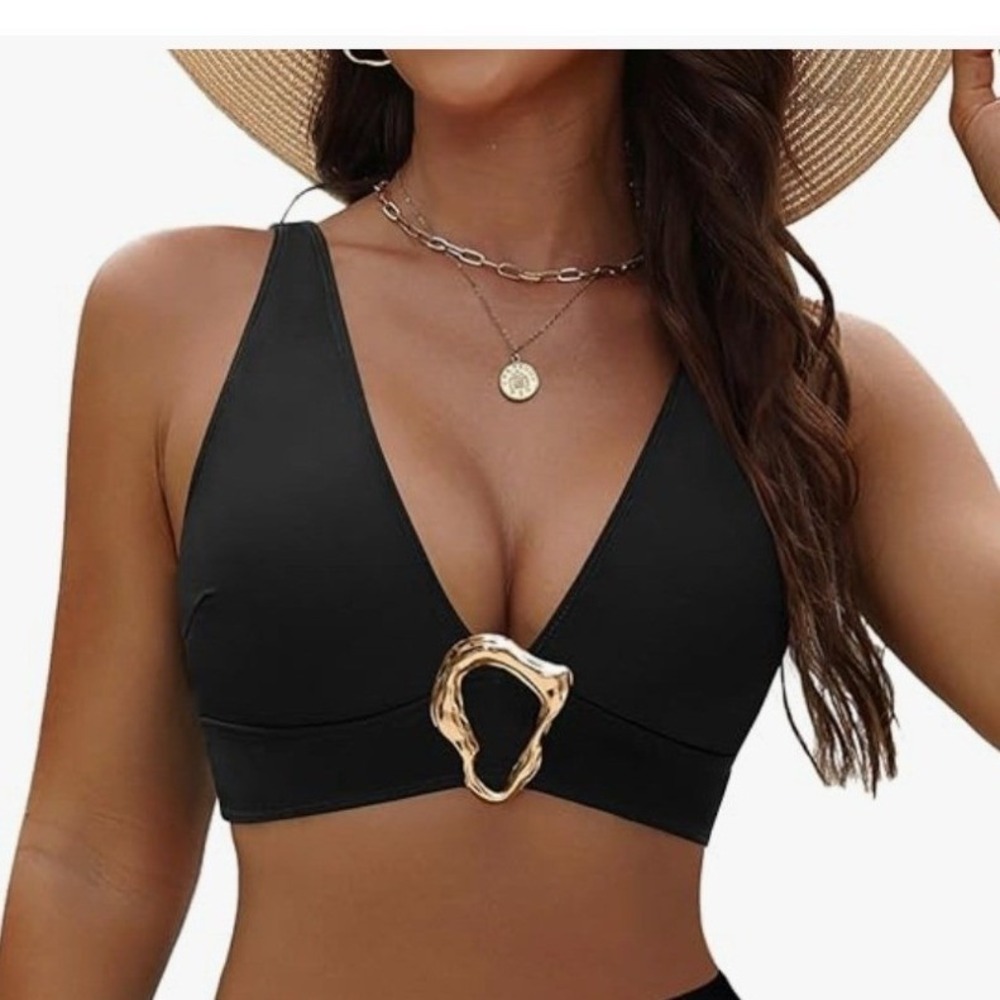 BMJL Women's Black V-Neck Bikini Top Gold Ring Detail Padded Swim XL NEW